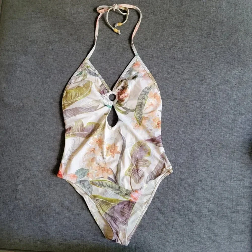 Jaase Women's Multi Floral Print key hole halter One Piece Swimsuit Size…